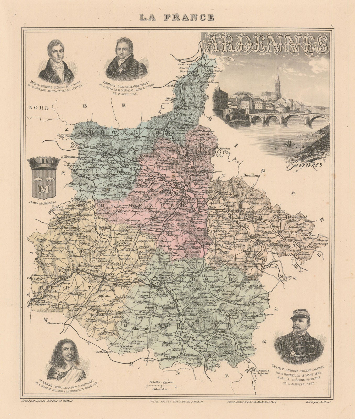 Ardennes département. Charleville-Mézières vignette. Vuillemin 1890 old map